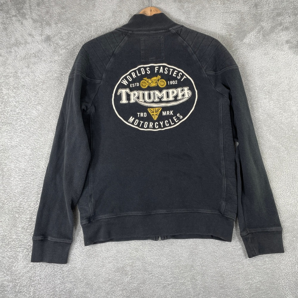 Lucky Brand Triumph Motorcycle Jacket Mens Small Black Full Zip Vintage Y2K
